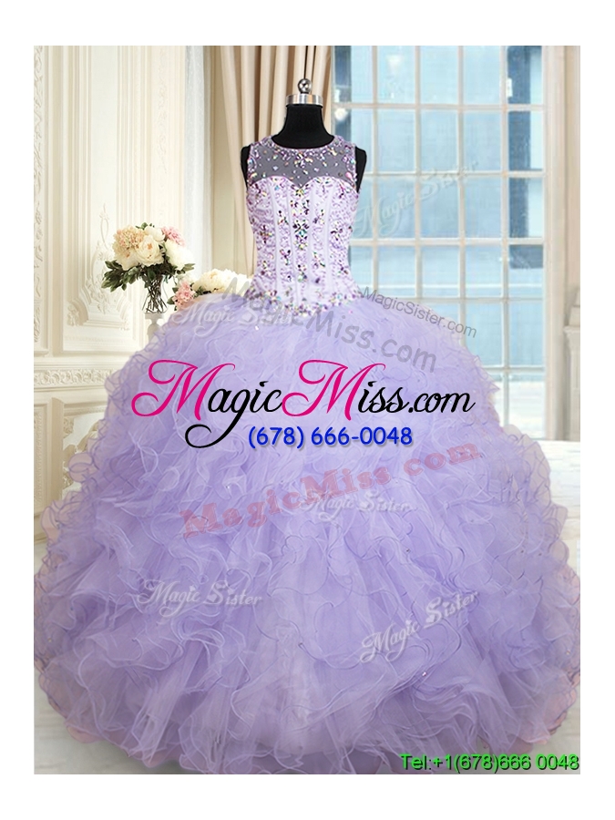 wholesale popular see through scoop ruffled and beaded quinceanera dress in lavender