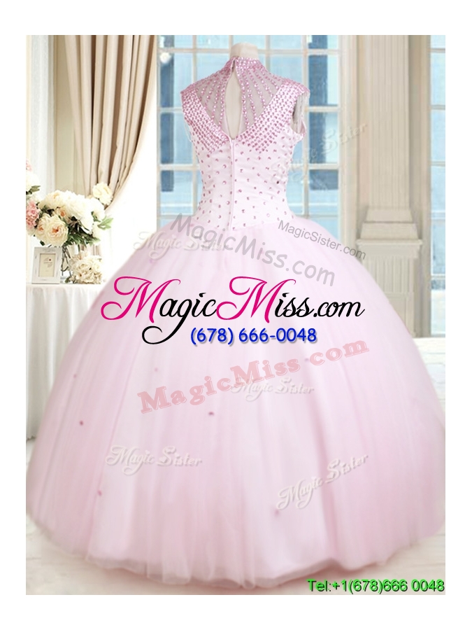 wholesale latest see through beaded decorated high neck zipper up baby pink quinceanera dress in tulle