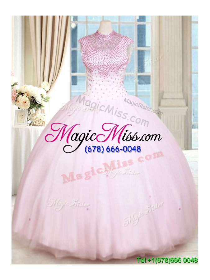 wholesale latest see through beaded decorated high neck zipper up baby pink quinceanera dress in tulle