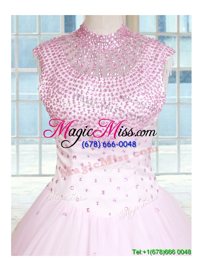 wholesale latest see through beaded decorated high neck zipper up baby pink quinceanera dress in tulle