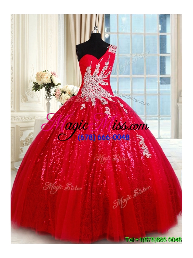 wholesale wonderful one shoulder applique and beaded quinceanera dress in tulle and sequins