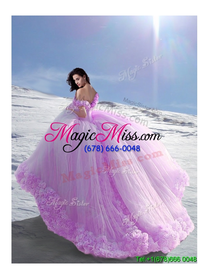 wholesale lovely lilac off the shoulder cap sleeves sweet 16 dresses with hand made flowers