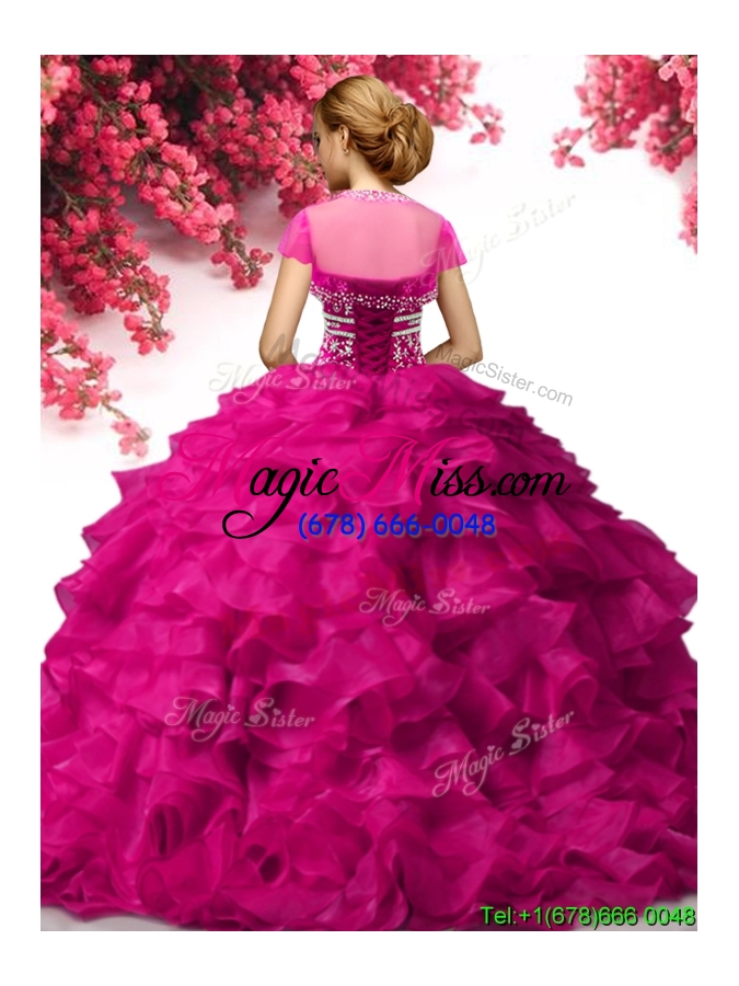 wholesale popular big puffy fuchsia quinceanera dress with beading and ruffles