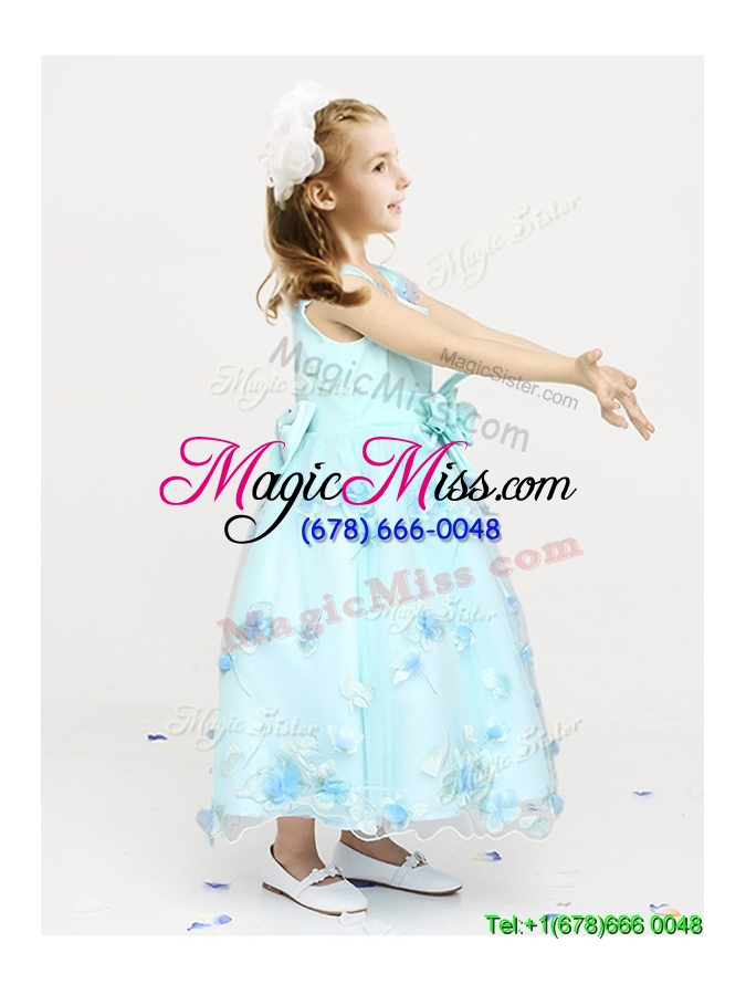 wholesale cheap straps applique and bowknot flower girl dress in ankle length