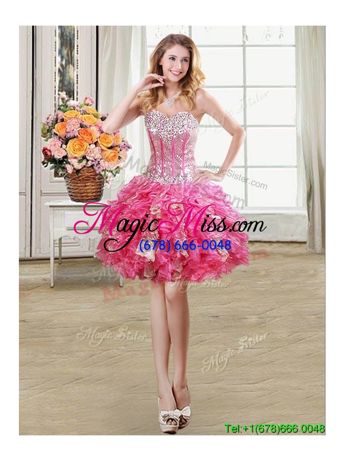 wholesale pretty visible boning organza and sequins ruffled detachable quinceanera dress in hot pink