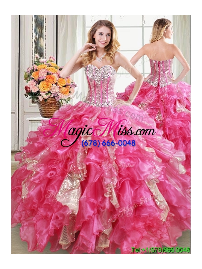 wholesale pretty visible boning organza and sequins ruffled detachable quinceanera dress in hot pink