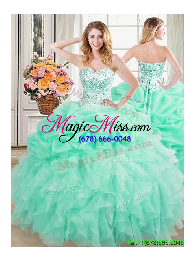 wholesale beautiful three for one visible boning mint quinceanera dress with beaded bodice and ruffles