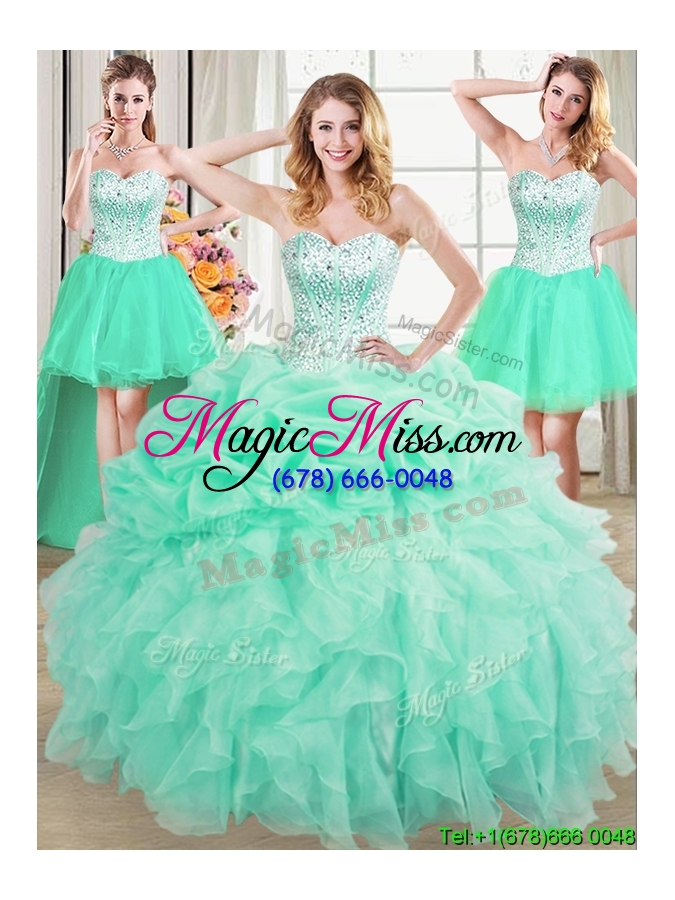 wholesale beautiful three for one visible boning mint quinceanera dress with beaded bodice and ruffles