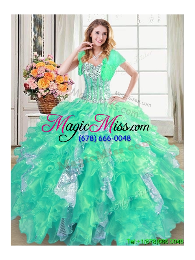 wholesale elegant puffy sweetheart organza and sequins turquoise quinceanera dress with ruffles