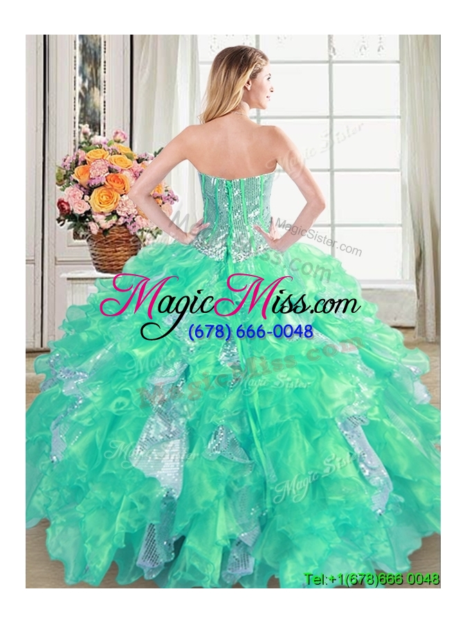 wholesale elegant puffy sweetheart organza and sequins turquoise quinceanera dress with ruffles