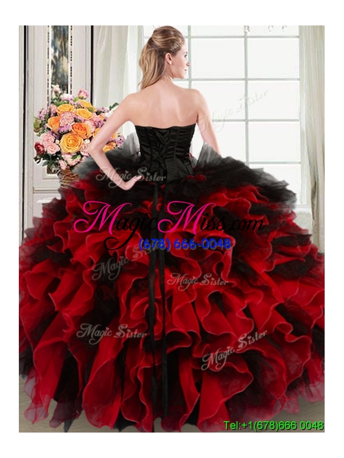 wholesale luxurious sweetheart beaded and ruffled black and red quinceanera dress