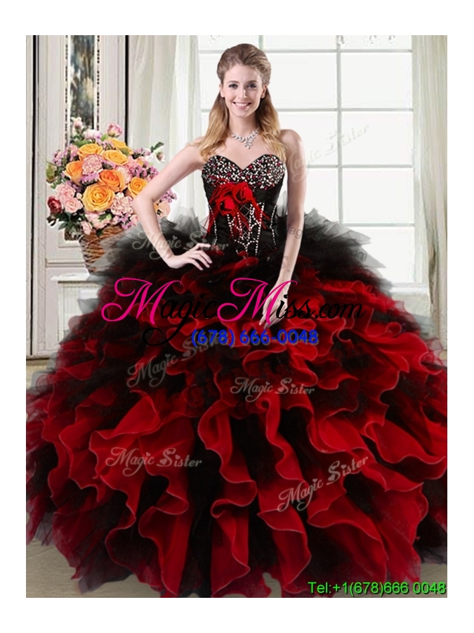 wholesale luxurious sweetheart beaded and ruffled black and red quinceanera dress