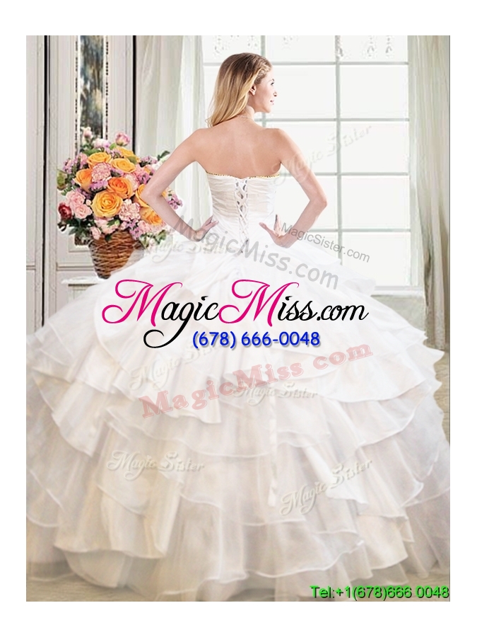 wholesale best selling beaded and ruffled white quinceanera dress in organza