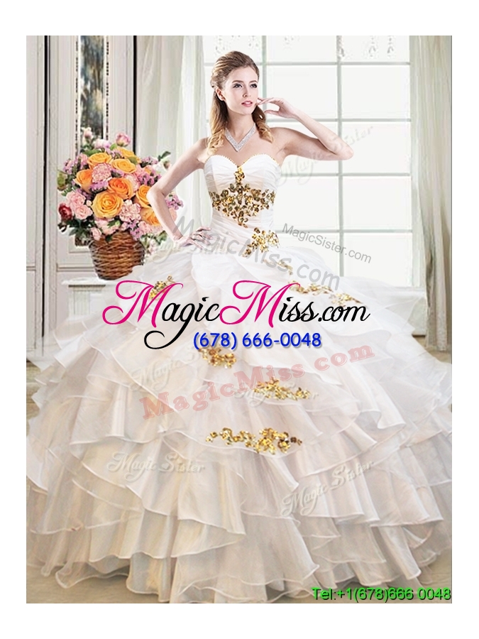 wholesale best selling beaded and ruffled white quinceanera dress in organza