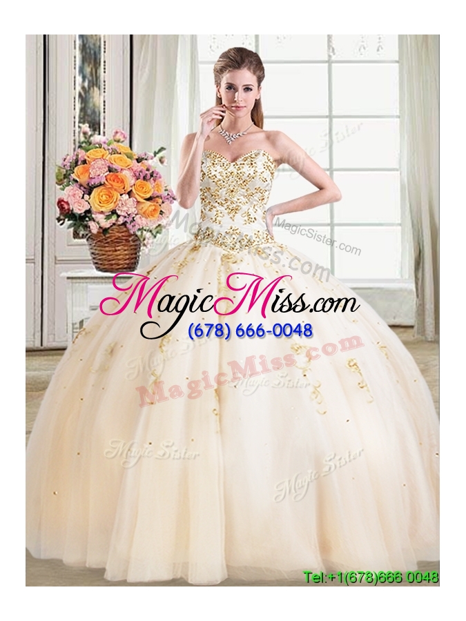 wholesale affordable puffy skirt sweetheart beaded champagne quinceanera dress in tulle