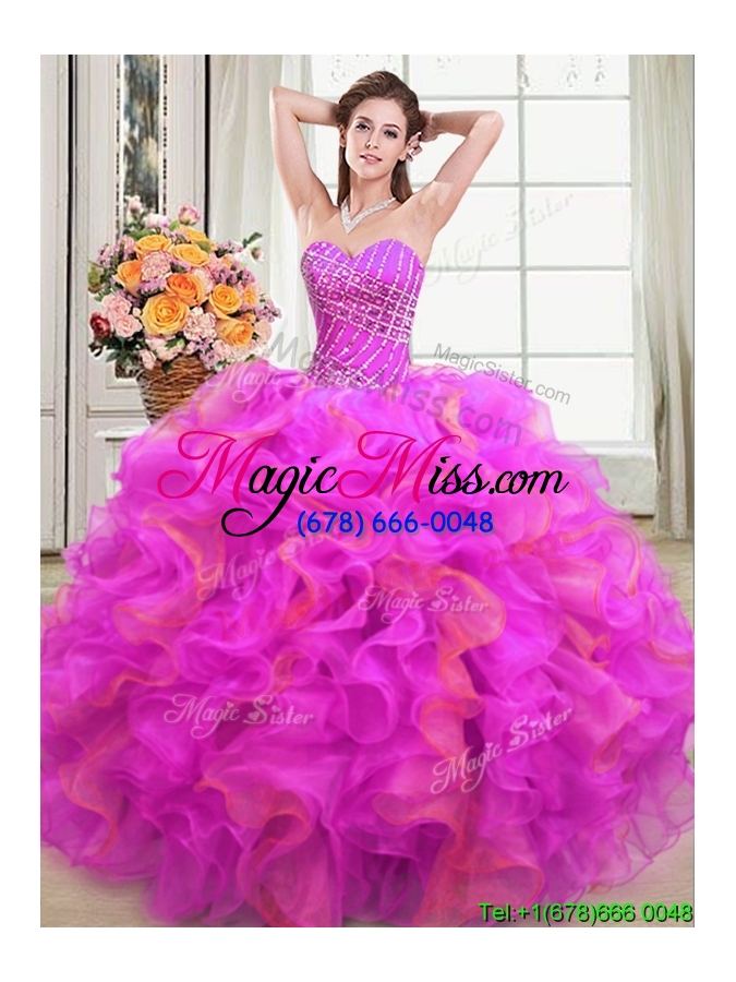 wholesale fashionable puffy sweetheart organza two tone quinceanera dress with beading and ruffles