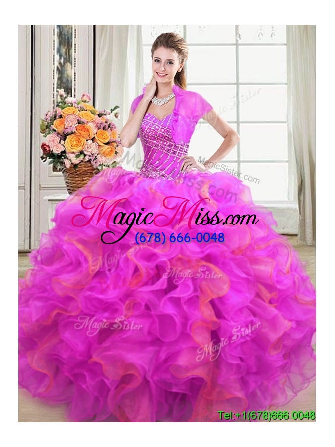 wholesale fashionable puffy sweetheart organza two tone quinceanera dress with beading and ruffles