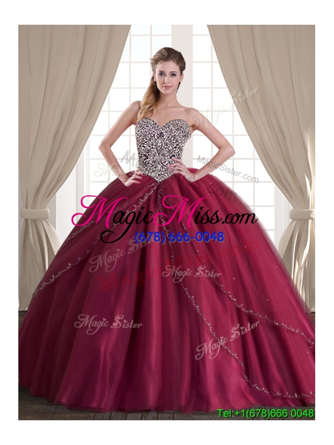 wholesale fashionable burgundy brush train tulle detachable quinceanera dresses with beading