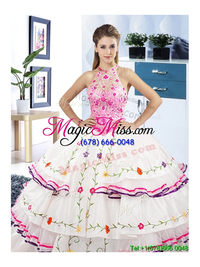 wholesale elegant see through halter top quinceanera dress with embroidery and ruffled layers