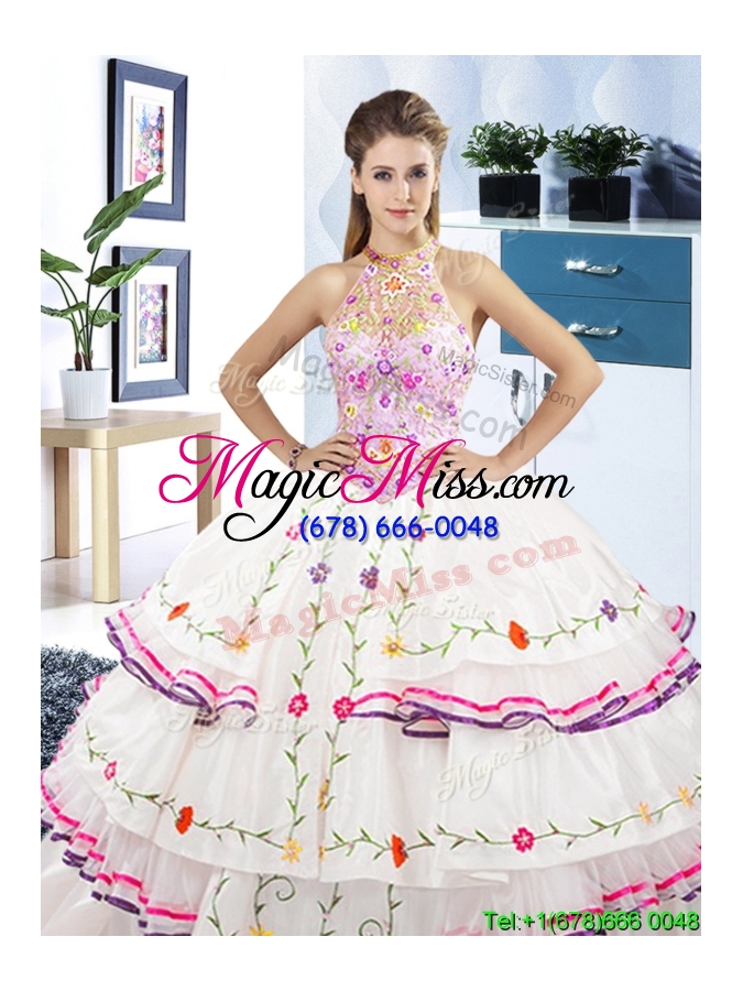 wholesale elegant see through halter top quinceanera dress with embroidery and ruffled layers