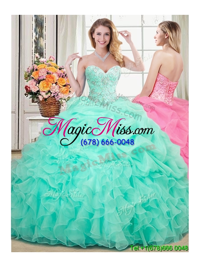 wholesale modern beaded and ruffled sweetheart removable quinceanera dresses in apple green