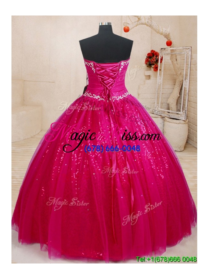 wholesale top seller big puffy beaded and sequined fuchsia quinceanera dress in tulle