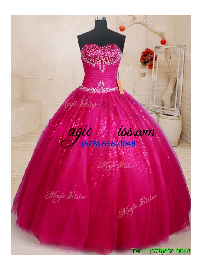 wholesale top seller big puffy beaded and sequined fuchsia quinceanera dress in tulle