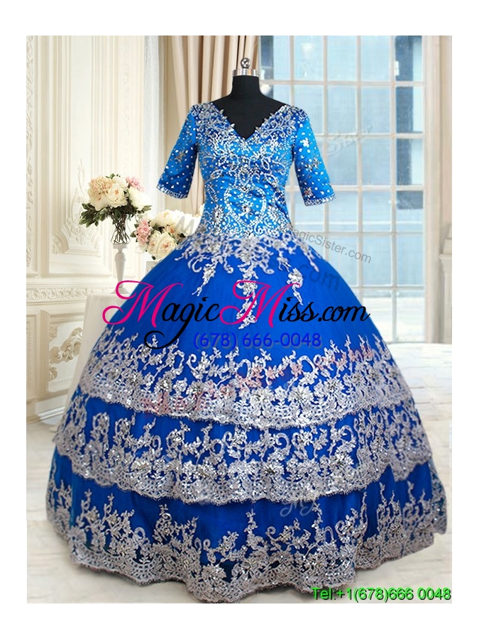 wholesale discount v neck half sleeves zipper up quinceanera dress with ruffled layers