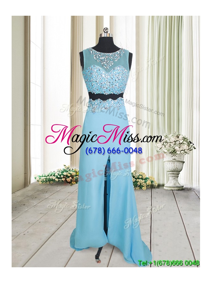 wholesale two piece see through brush train aquamarine prom dress with beading and high slit