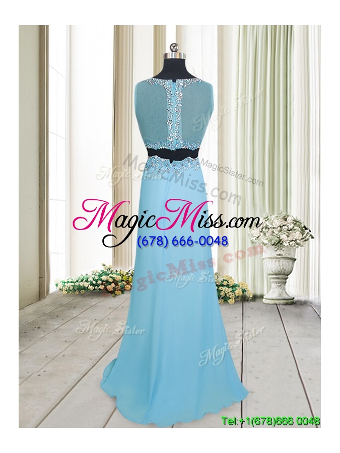 wholesale two piece see through brush train aquamarine prom dress with beading and high slit