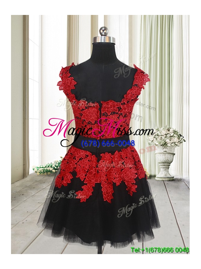 wholesale simple laced and bowknot square tulle short prom dress in red and black