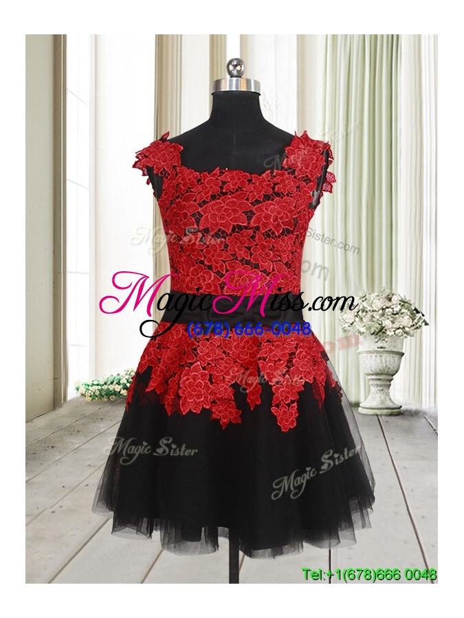 wholesale simple laced and bowknot square tulle short prom dress in red and black