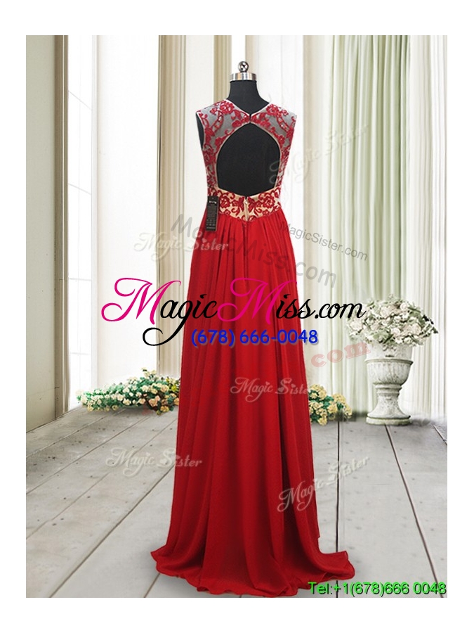 wholesale new arrivals applique scoop brush train red prom dress with open back