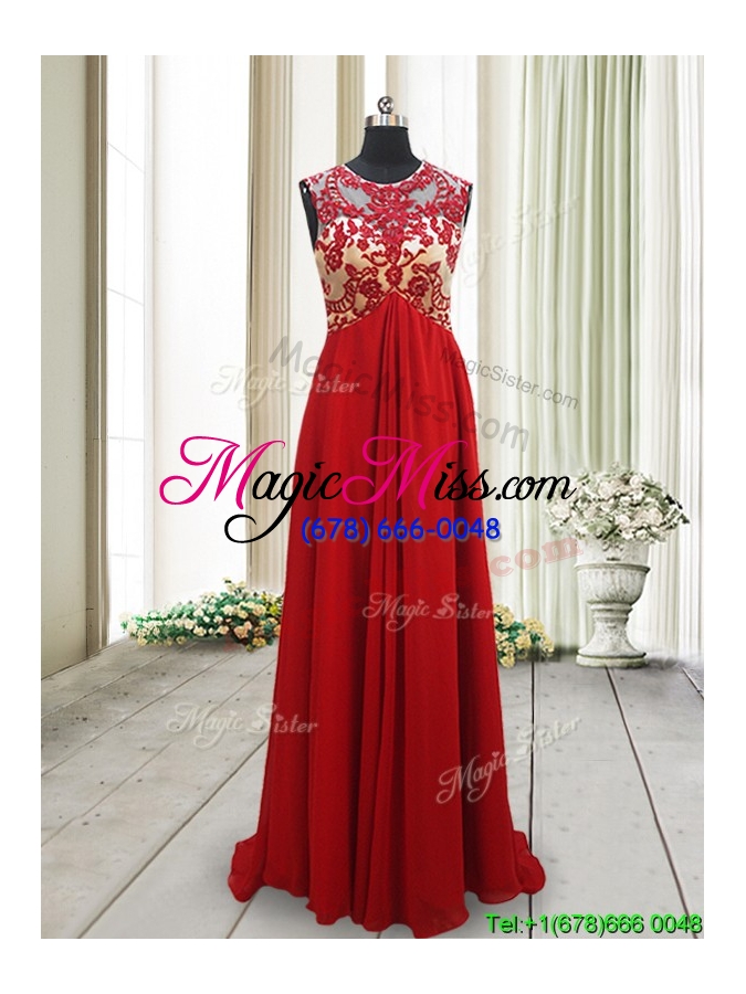 wholesale new arrivals applique scoop brush train red prom dress with open back