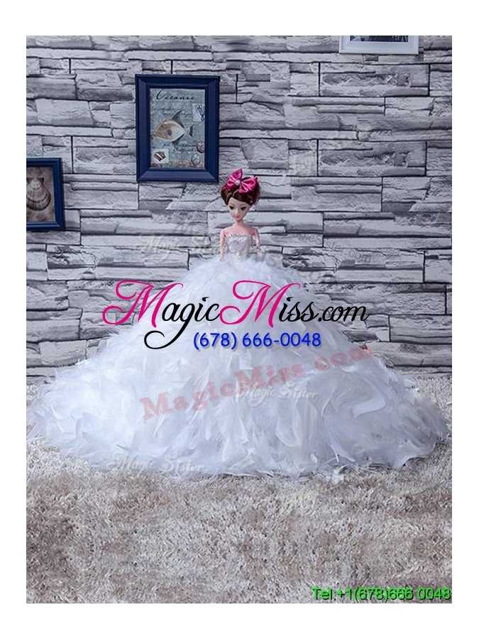 wholesale affordable feather quinceanera doll dress in white