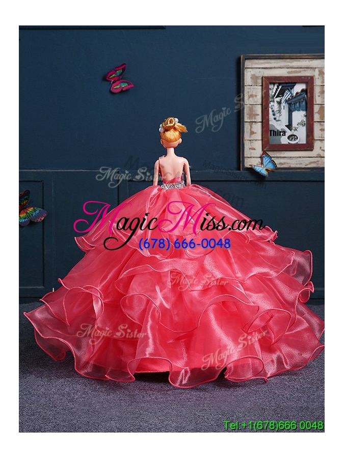 wholesale lovely organza quinceanera doll dress in coral red