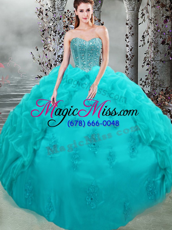 wholesale organza sweetheart sleeveless lace up beading and appliques and pick ups sweet 16 quinceanera dress in aqua blue