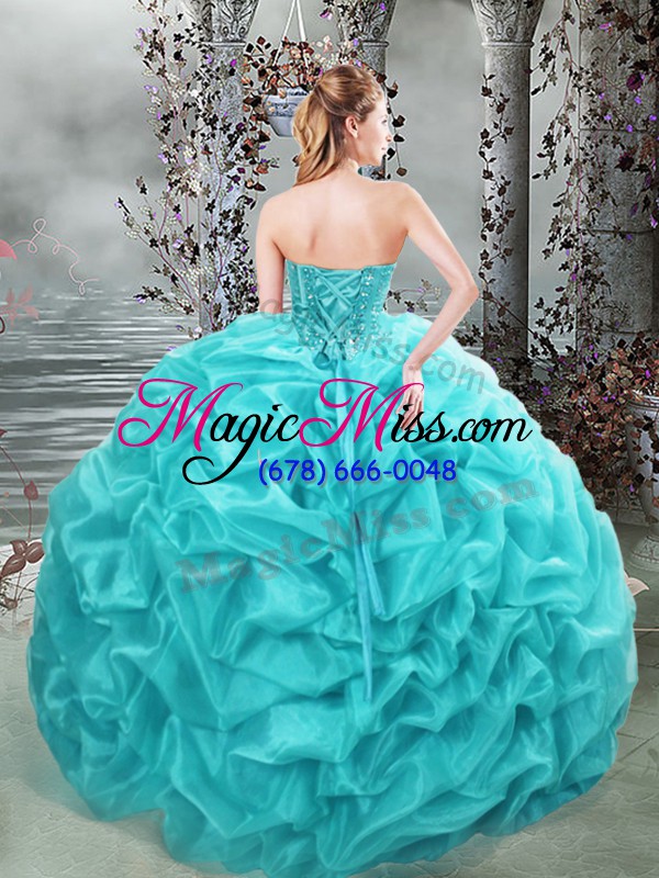 wholesale organza sweetheart sleeveless lace up beading and appliques and pick ups sweet 16 quinceanera dress in aqua blue