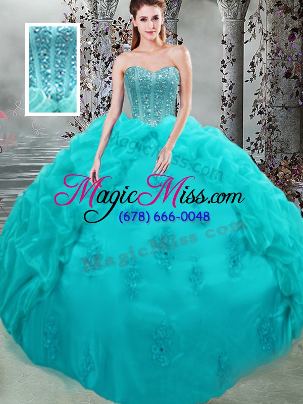 wholesale organza sweetheart sleeveless lace up beading and appliques and pick ups sweet 16 quinceanera dress in aqua blue