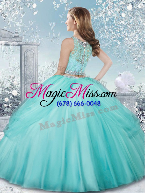 wholesale tulle scoop sleeveless clasp handle beading ball gown prom dress in baby blue