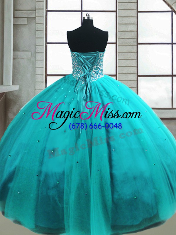 wholesale custom designed sleeveless tulle floor length lace up 15th birthday dress in aqua blue with beading