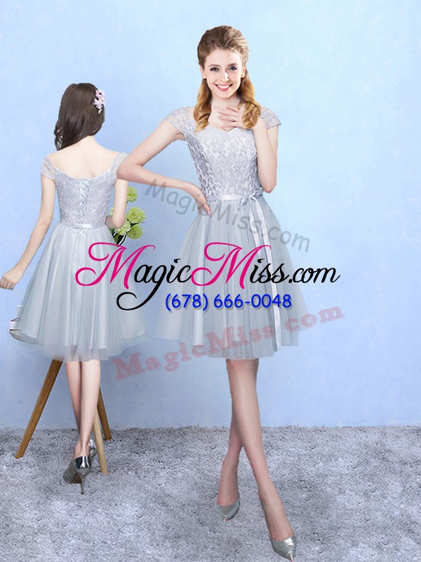 wholesale romantic v-neck sleeveless bridesmaid gown knee length lace silver tulle