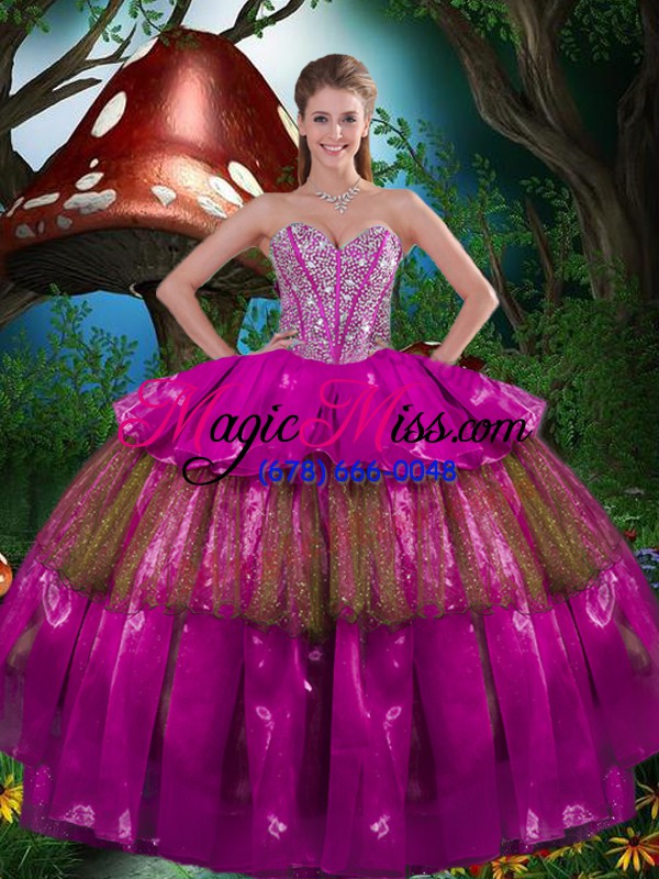 wholesale simple fuchsia ball gown prom dress military ball and sweet 16 and quinceanera with beading and ruffled layers sweetheart sleeveless lace up