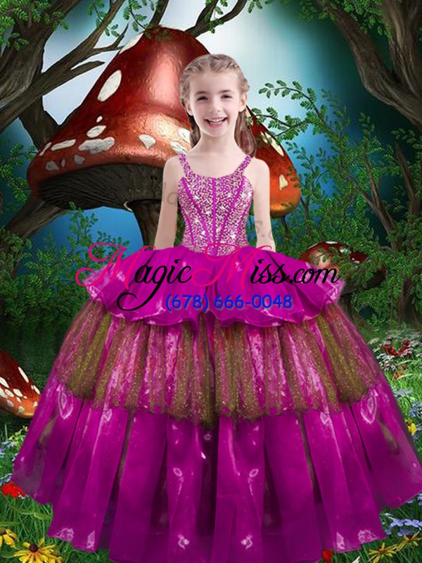 wholesale simple fuchsia ball gown prom dress military ball and sweet 16 and quinceanera with beading and ruffled layers sweetheart sleeveless lace up