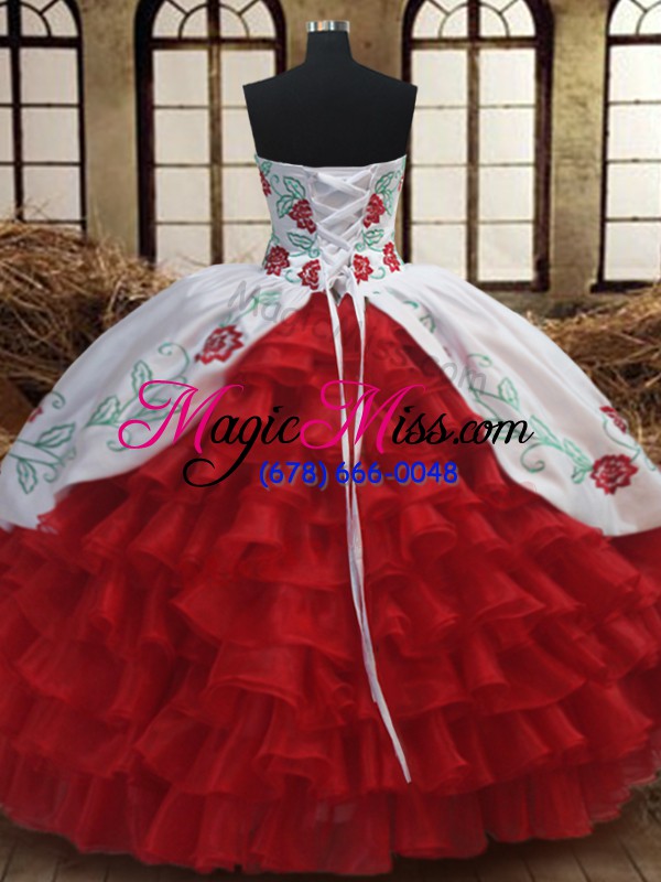 wholesale fitting sweetheart sleeveless quinceanera dresses floor length embroidery and ruffled layers fuchsia organza