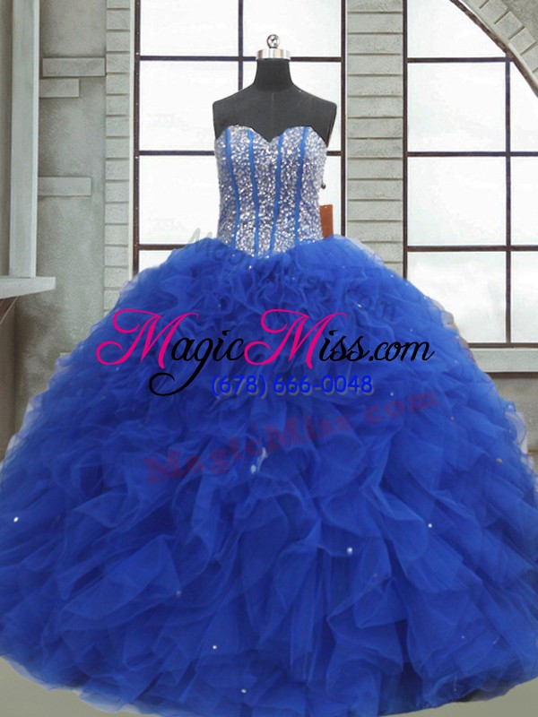 wholesale sleeveless floor length beading and ruffles and sequins lace up quince ball gowns with royal blue