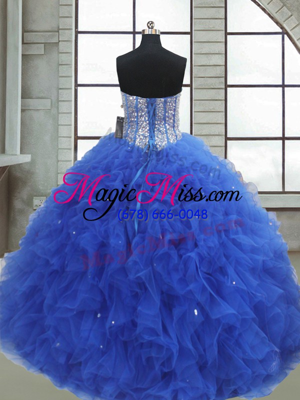 wholesale sleeveless floor length beading and ruffles and sequins lace up quince ball gowns with royal blue