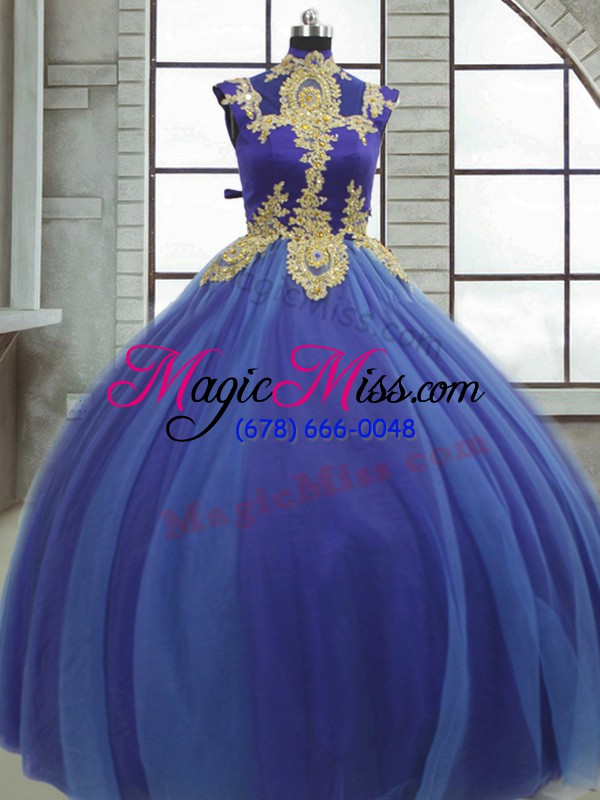 wholesale captivating royal blue tulle lace up quinceanera gowns sleeveless floor length appliques