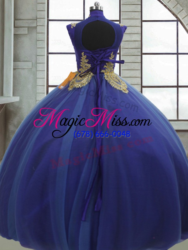 wholesale captivating royal blue tulle lace up quinceanera gowns sleeveless floor length appliques