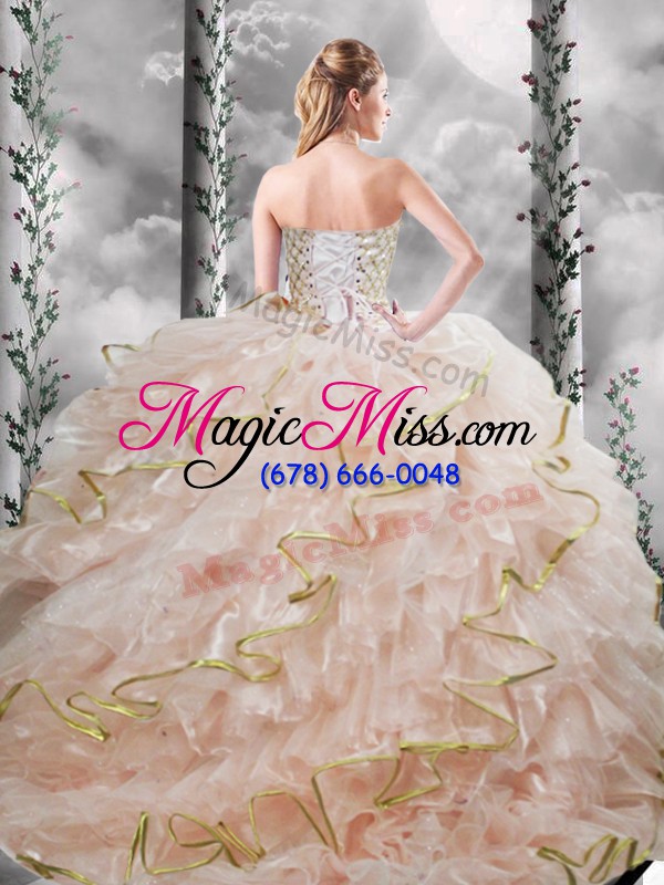 wholesale custom design sweetheart sleeveless organza quinceanera gown beading and ruffles brush train lace up